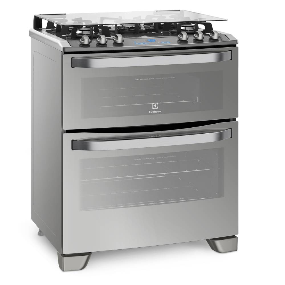 Fogao-5-Bocas-Electrolux-76DXV-Prata-Automatico-com-Mesa-de-Vidro-e-Duplo-Forno