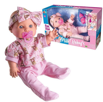 Boneca Milk Babys Faz Xixi com Mamadeira e Chupeta Milk