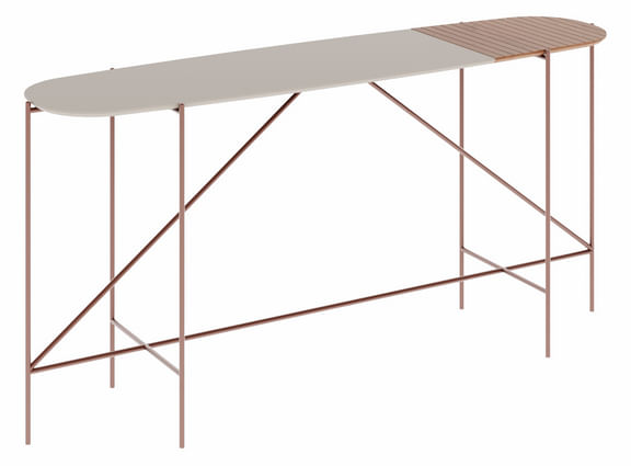 MESA DE CENTRO BRIANA TRIANGULAR 160 CM OFF WHITE BRANCO CINAMOMO NATURAL METAL COBRE